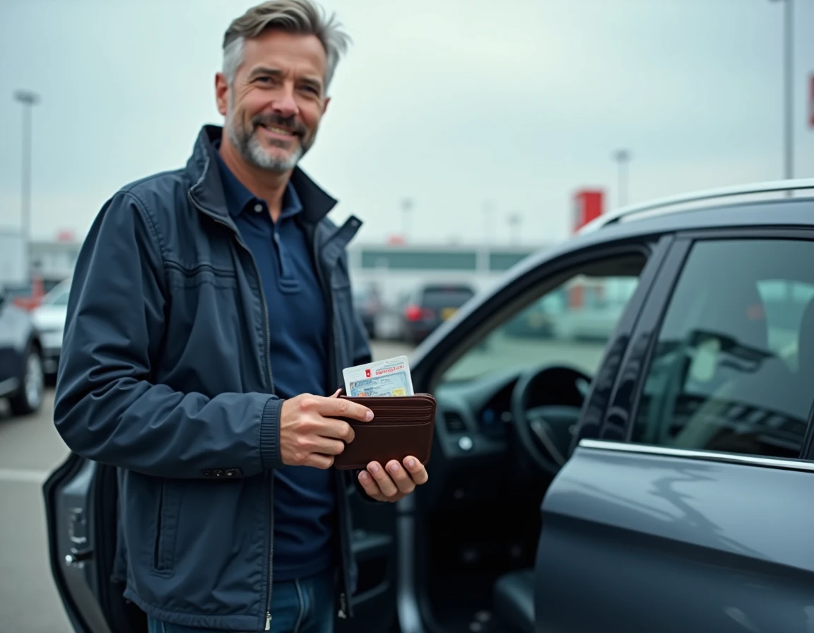 Homme tenant son permis de conduire international CAA près d'une voiture de location dans un aéroport au Canada