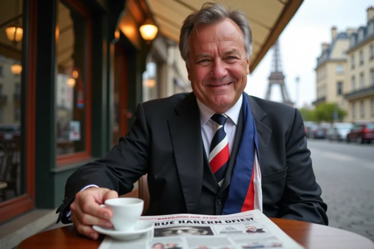 Homme politique français en costume avec sash assis à une terrasse