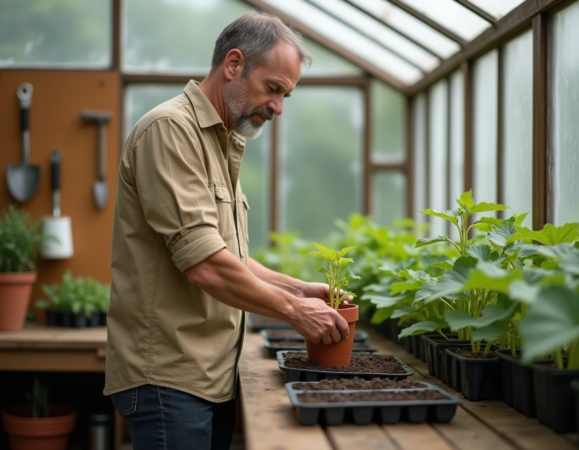 Homme transplantant des semis de courgette dans une serre en bois équipée d'outils de jardinage et de bacs à plants