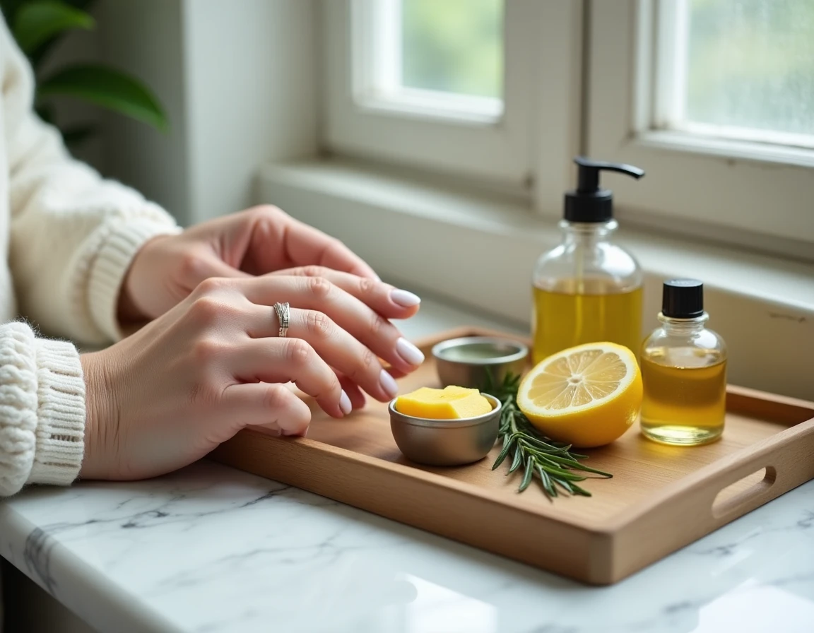 Mains matures entourées d'ingrédients naturels pour des soins d'ongles maison