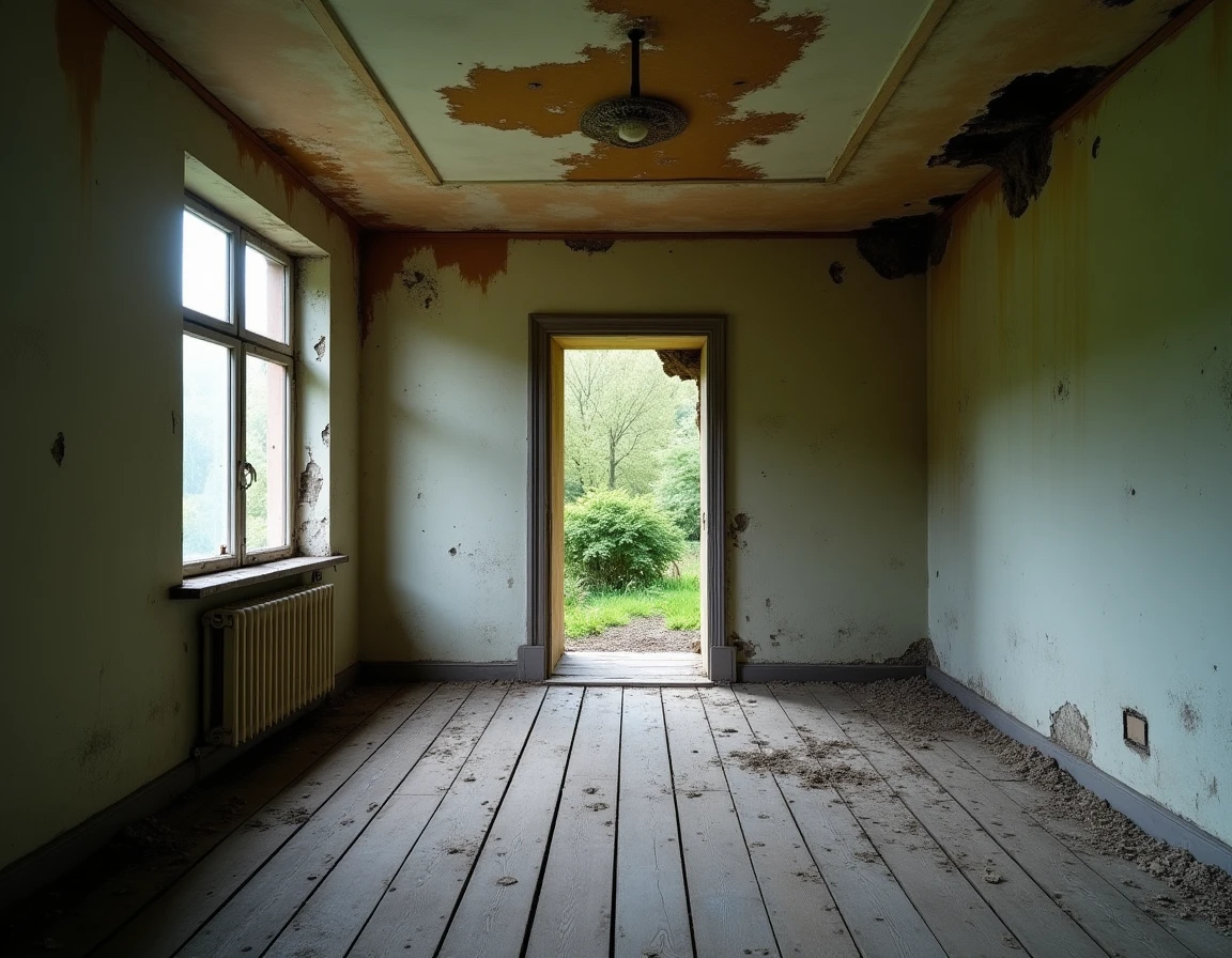 Intérieur dégradé d'une maison inhabitable avec plafond endommagé par l'humidité et plancher abîmé, preuve visuelle pour justifier une exonération d'impôts locaux