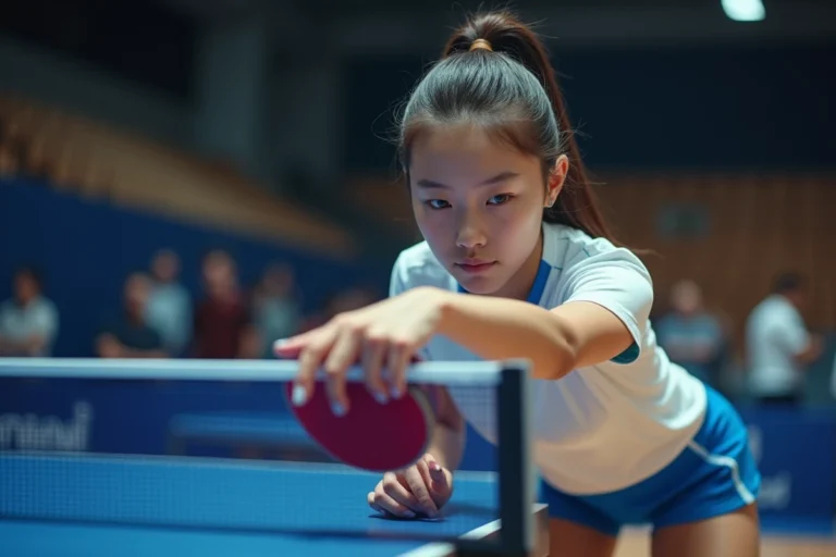 Jeune joueuse de tennis de table ajustant son grip avec ses ongles longs et peints