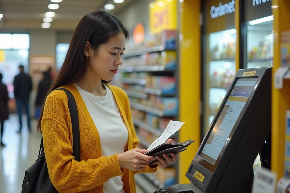 Jeune femme utilisant un kiosque Western Union en libre-service dans un supermarché pour effectuer un virement