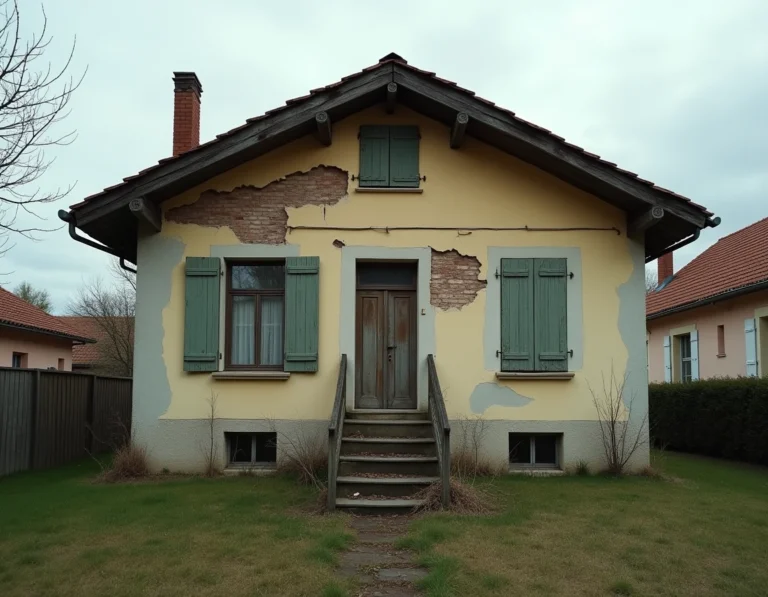 Maison abandonnée en état de délabrement avec façade dégradée et volets cassés, illustrant une habitation inhabitable pouvant justifier une exonération de taxe foncière