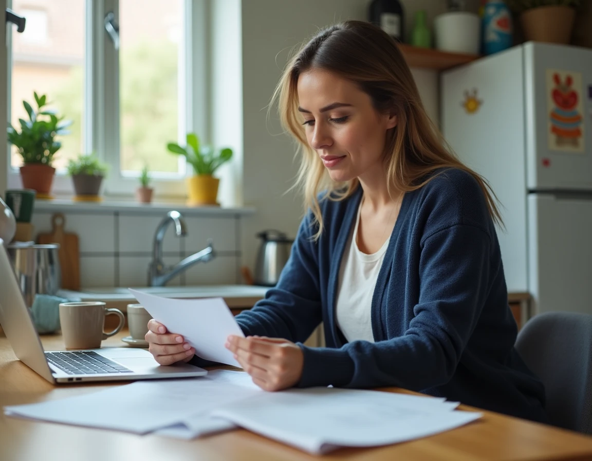 Mère de famille consultant des documents sur les aides et services familiaux à la table de sa cuisine