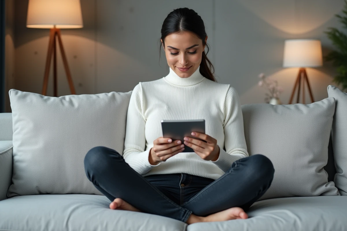 Femme naviguant sur Instagram en toute discrétion depuis une tablette dans un salon scandinave