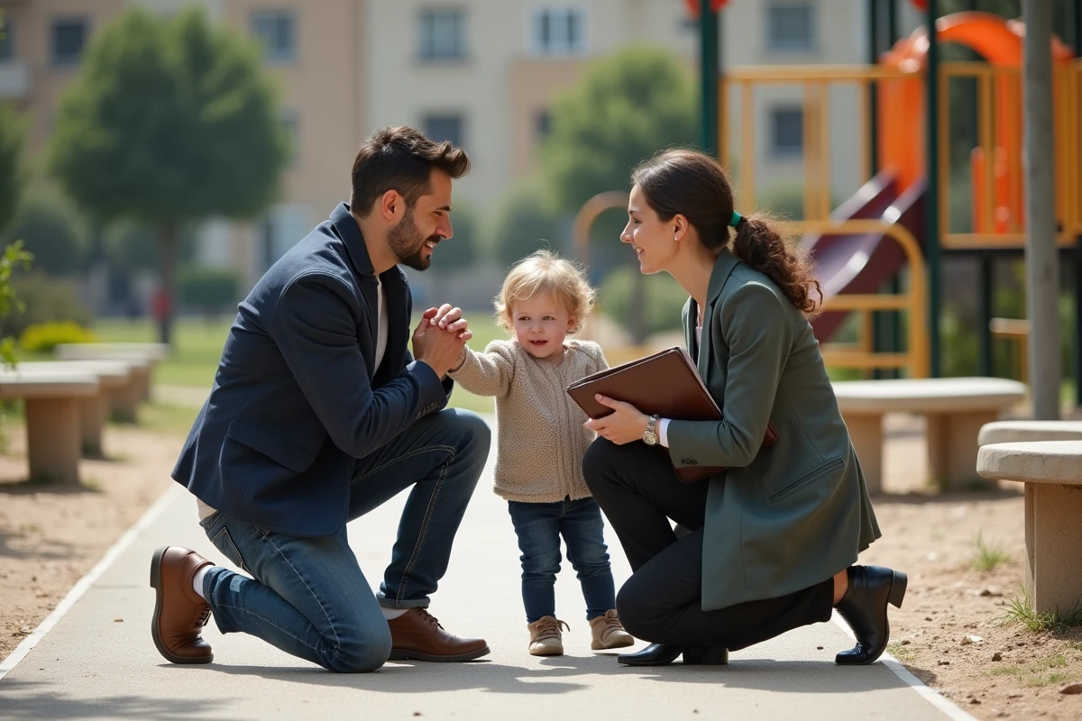 Père avec son enfant au parc de Mille en discussion avec une avocate