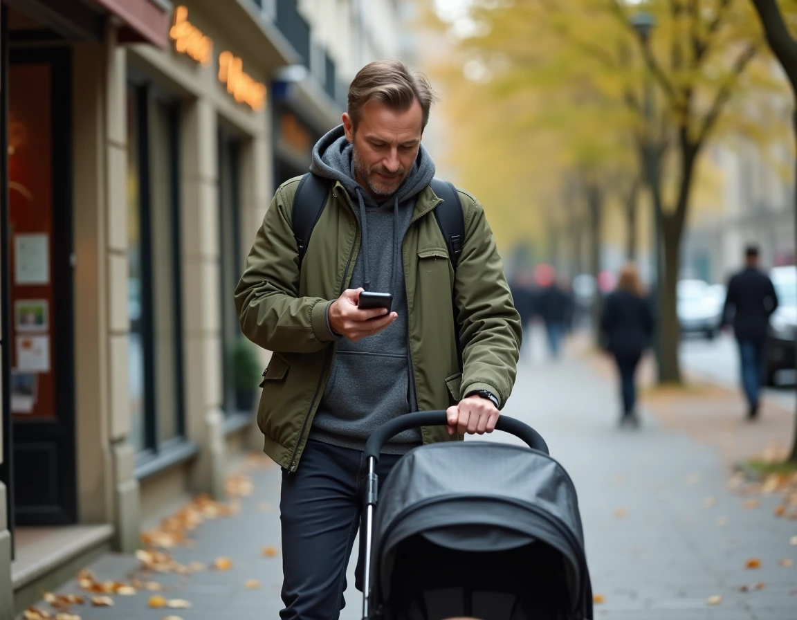 Père de famille consultant une application d'aides familiales sur son téléphone en poussant un landau dans une rue urbaine française