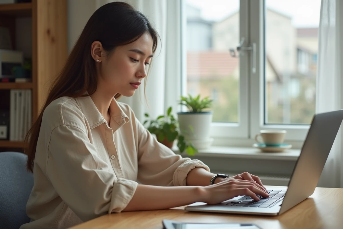 Femme utilisant un ordinateur portable pour rechercher un bien immobilier en ligne depuis son bureau à domicile