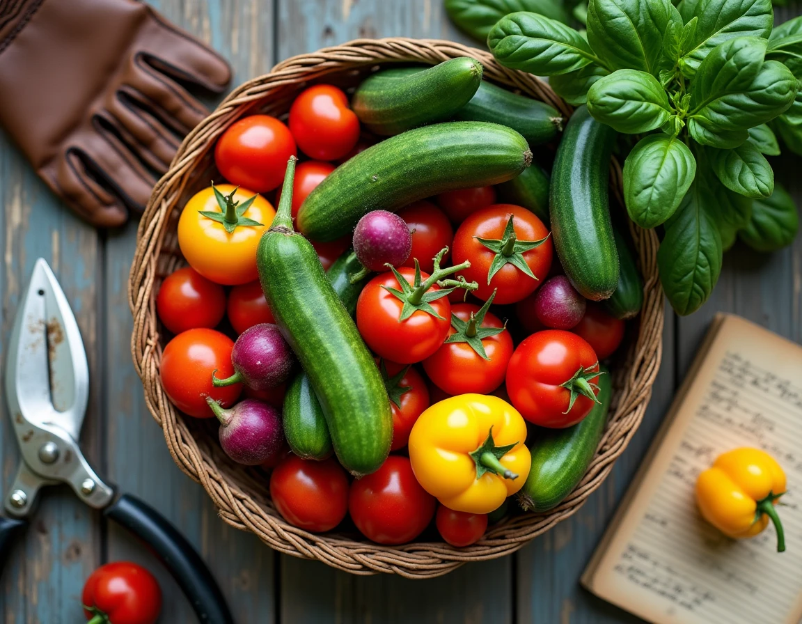 Vue du dessus d'un panier de récolte de légumes du potager maison avec tomates, concombres, basilic et radis sur table en bois