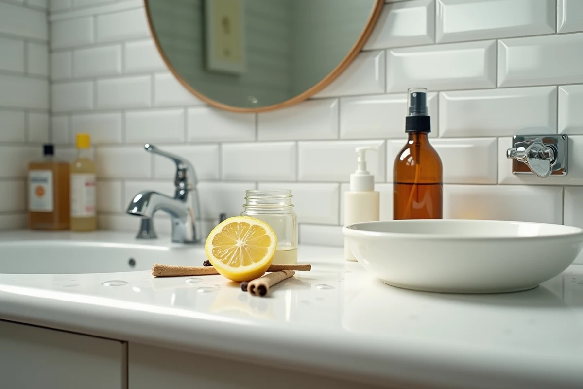 Remèdes naturels contre les collemboles posés sur le bord d'un lavabo de salle de bain humide