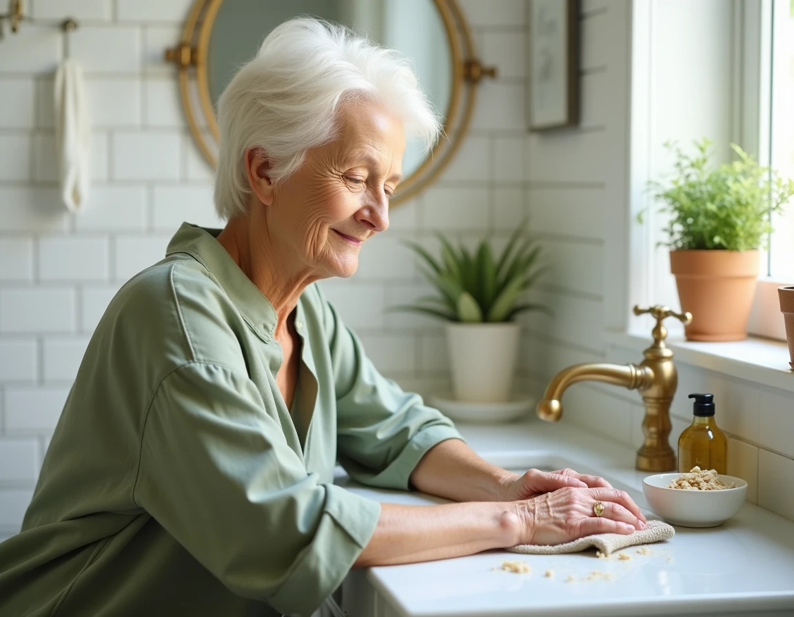 Femme âgée prenant soin de ses ongles avec un soin naturel fait maison devant un miroir vintage