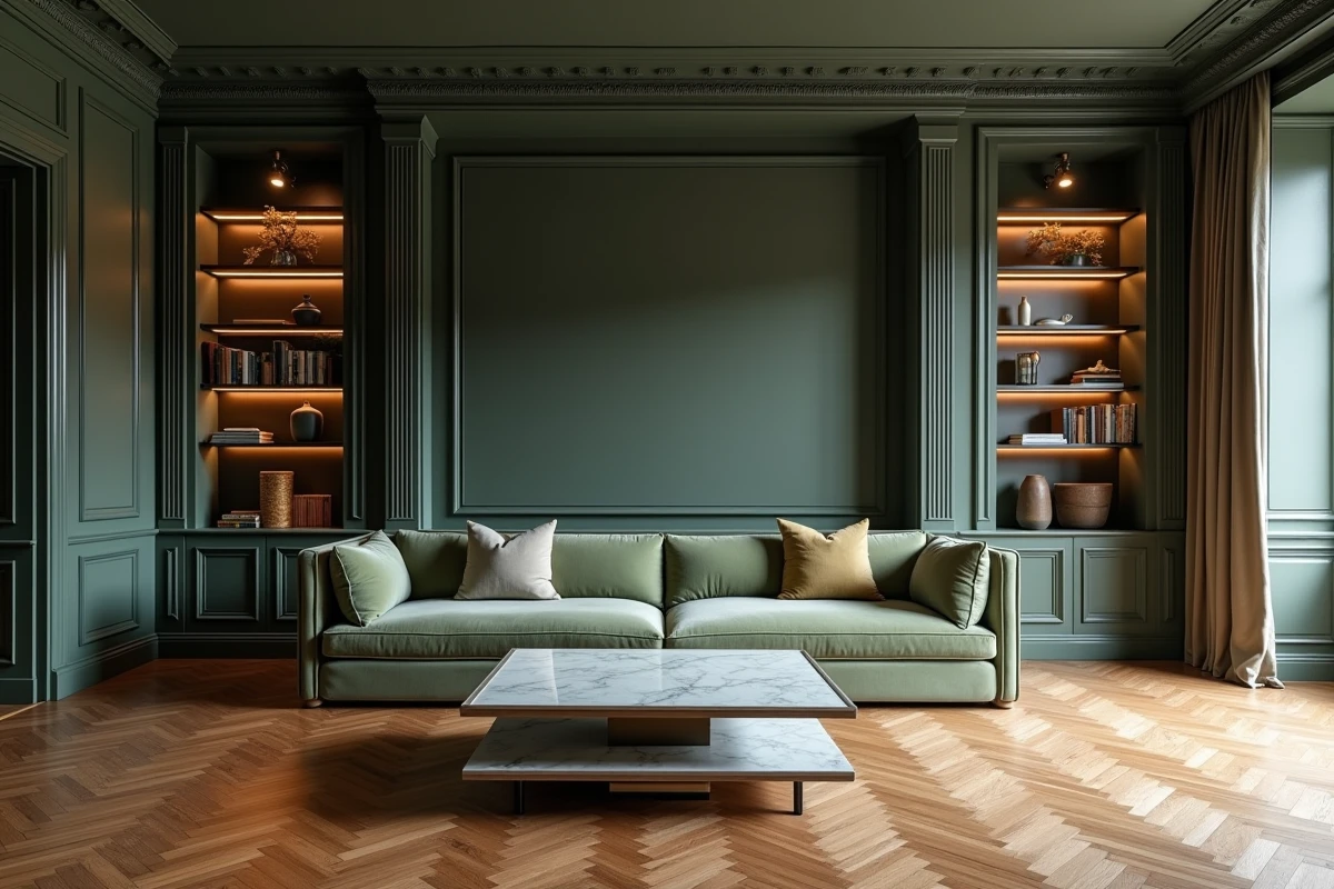 Salon rénové dans un appartement haussmannien à Rennes avec parquet en chevrons, canapé vert sauge et bibliothèque sur mesure
