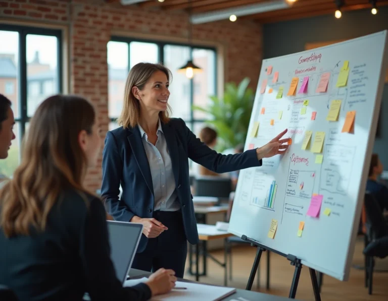 Femme professionnelle présentant une stratégie marketing sur un tableau blanc dans un bureau moderne