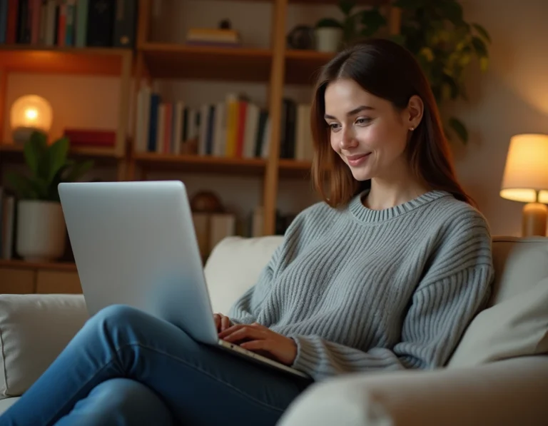 Jeune femme regardant un film en streaming gratuitement sur son ordinateur portable depuis son canapé
