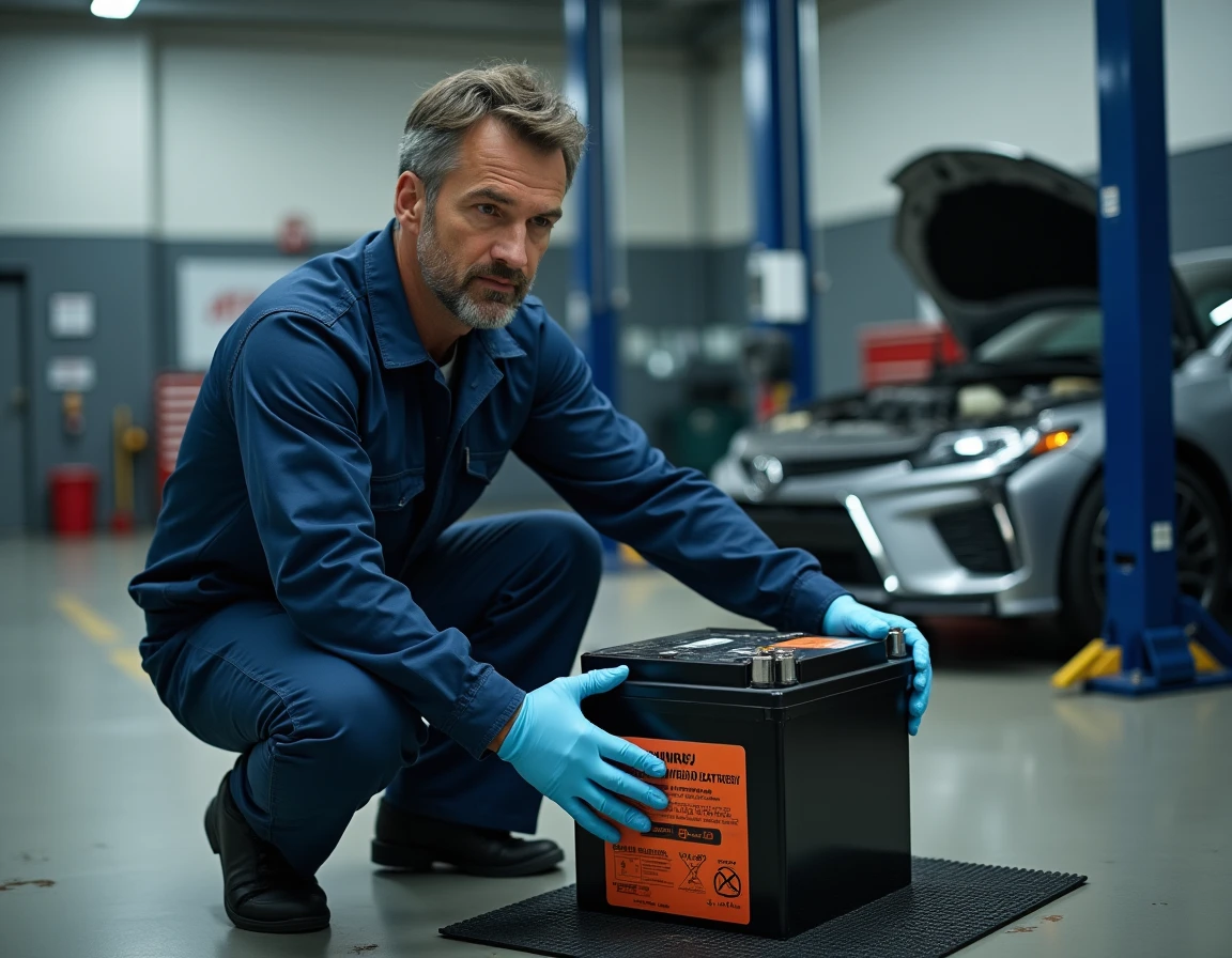 Technicien automobile inspectant une batterie de voiture hybride dans un atelier mécanique professionnel