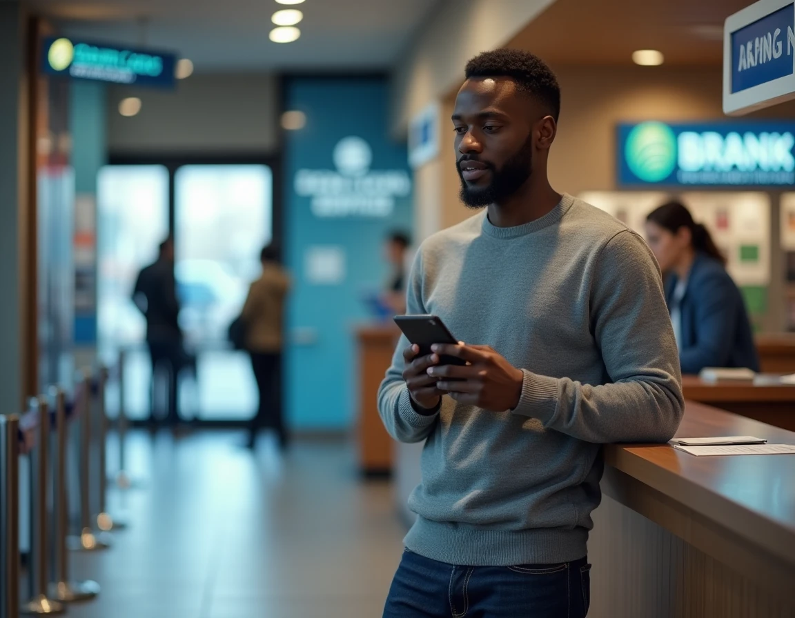 Homme utilisant son smartphone dans une agence de transfert d'argent, symbolisant la vigilance lors des envois de fonds internationaux