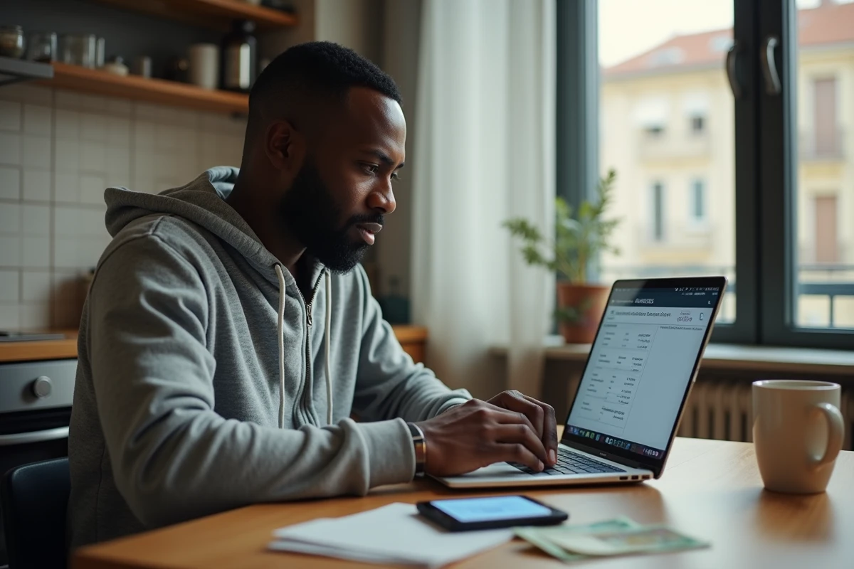 Homme réalisant un transfert Western Union en ligne depuis son domicile sur ordinateur portable