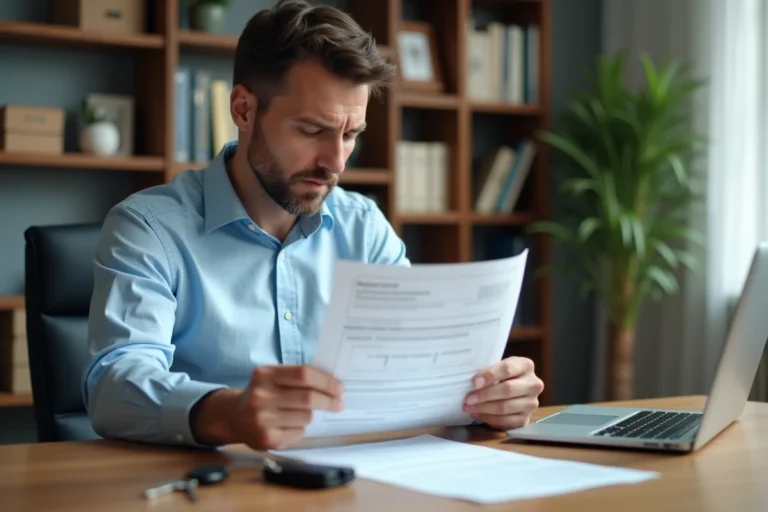 Homme vérifiant sa déclaration de cession de véhicule sur des documents administratifs posés sur un bureau en bois