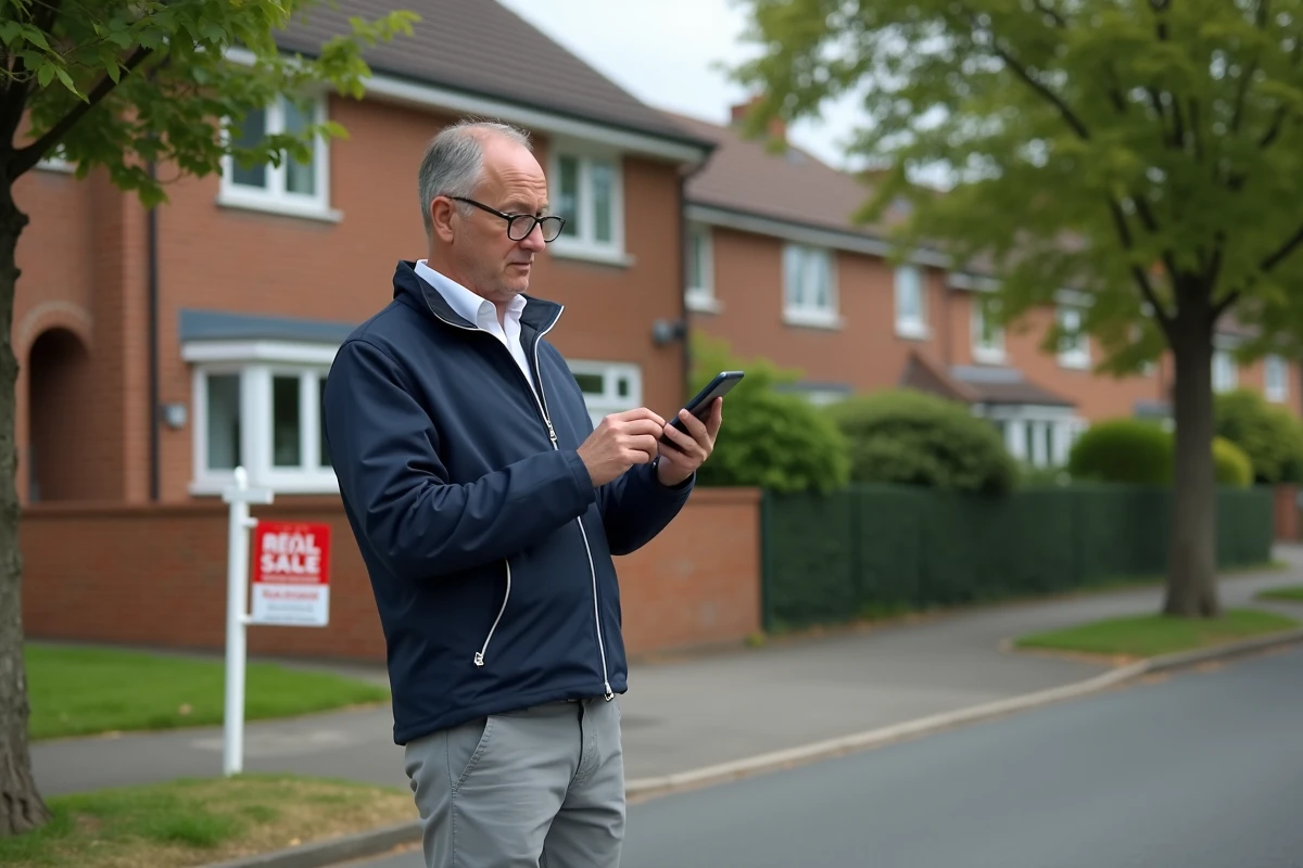 Homme consultant une annonce immobilière sur son smartphone devant une maison à vendre en banlieue