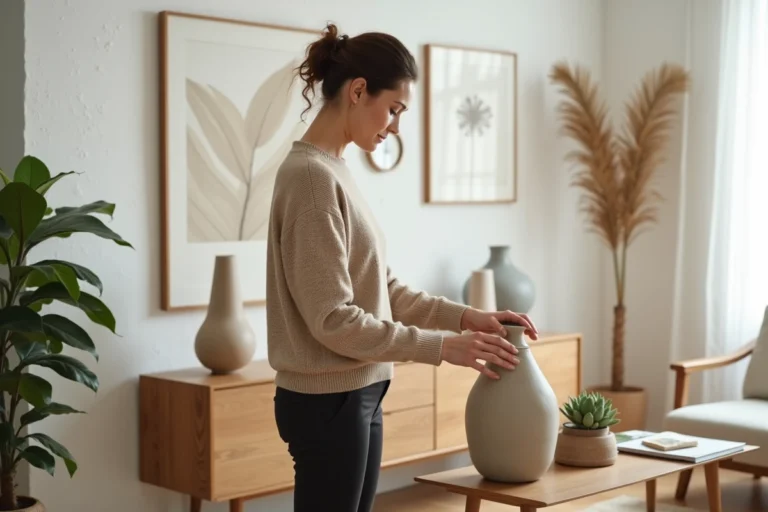 Femme dans un intérieur minimaliste avec vase en céramique